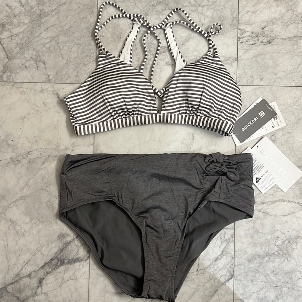 Athleta Two Piece Swimsuit in Gray and White Stripes, sizes: M top, L bottom